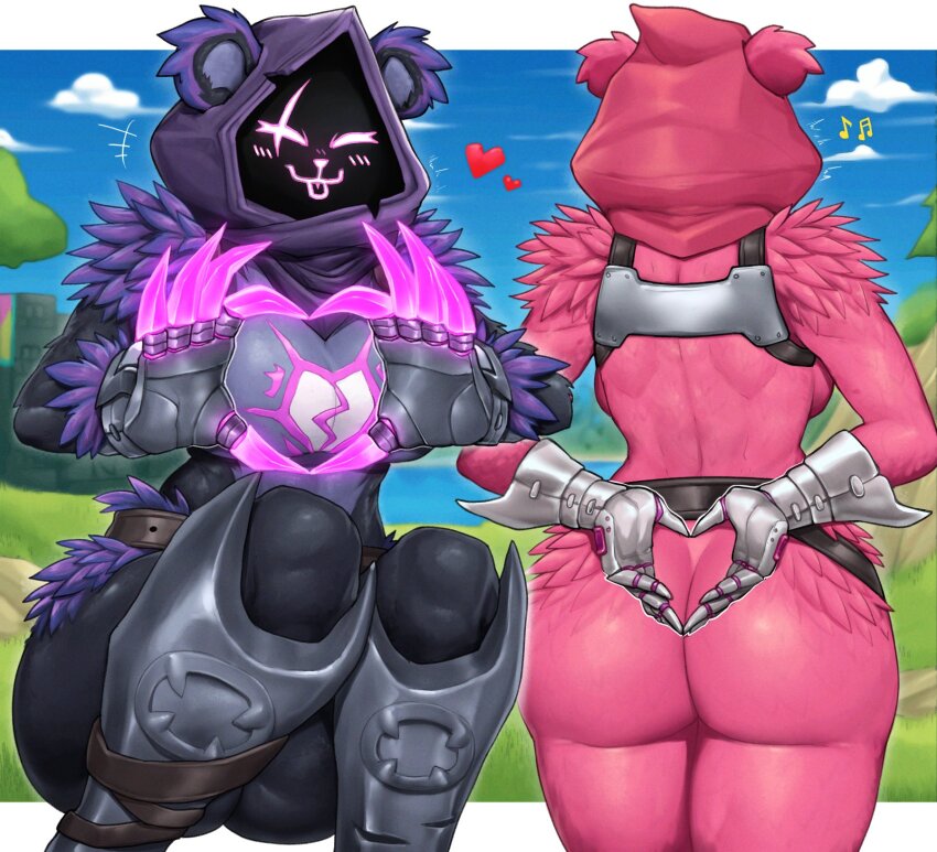 1girl :3 animal animal_ears armor ass ass_focus bear_ears belt blush breasts claws colored_skin commentary curvy english_commentary field fortnite from_behind furry gloves gluteal_fold grass hannesfkr heart heart_hands highres hood hood_up looking_at_viewer multiple_views musical_note outdoors purple_skin raven_team_leader squatting thighhighs tree