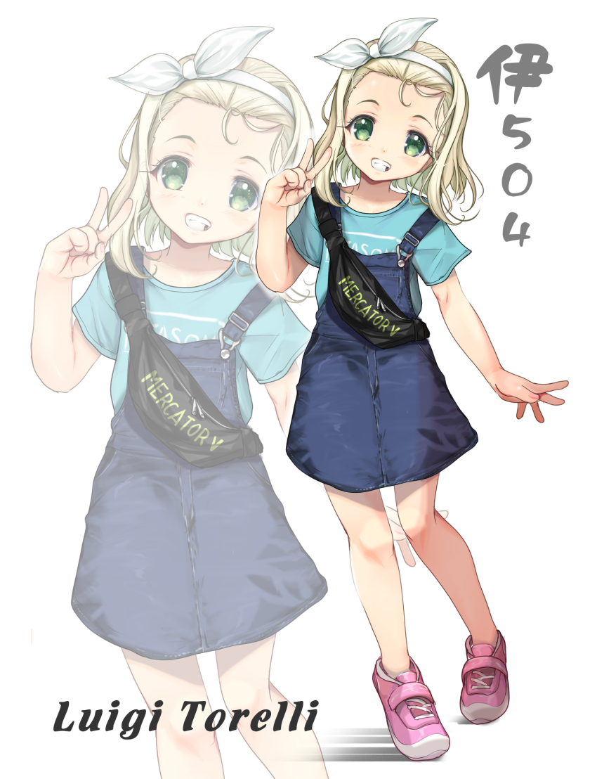 1girl belt_bag blonde_hair blue_dress blue_shirt character_name dress forehead full_body green_eyes grin hairband highres i-504_(kancolle) kantai_collection luigi_torelli_(kancolle) luigi_torelli_(sasebo)_(kancolle) multiple_views official_alternate_costume overall_skirt pink_shoes shirt shoes short_hair simple_background smile standing white_background white_hairband yashin_(yasinz)