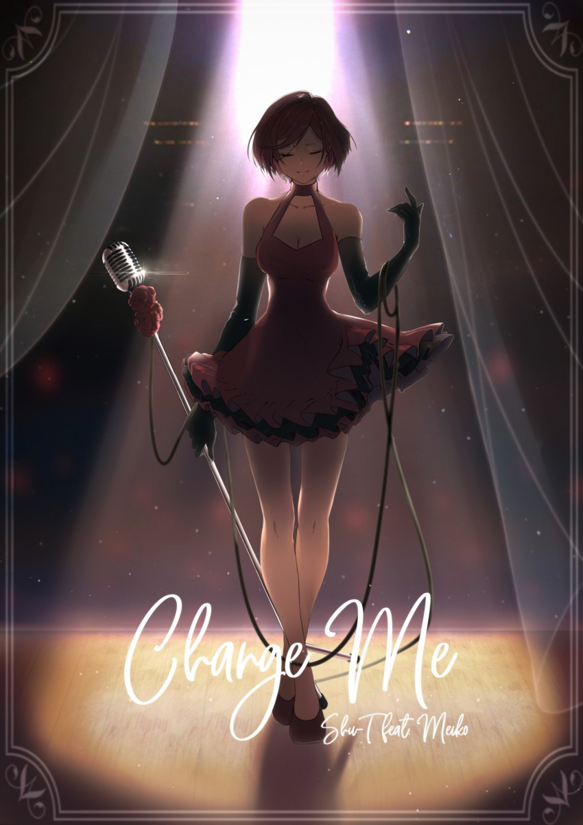 1girl absurdres backlighting bare_shoulders black_gloves border breasts brown_hair cable change_me_(vocaloid) character_name cleavage crossed_legs curtains dress elbow_gloves facing_viewer female_focus full_body glint gloves halter_dress halterneck high_heels highres holding medium_breasts meiko_(vocaloid) microphone_stand project_diva_(series) red_dress meiko_(scarlet)_(vocaloid) short_hair sleeveless sleeveless_dress solo song_name stage stage_lights standing thigh_gap vocaloid yen-mi