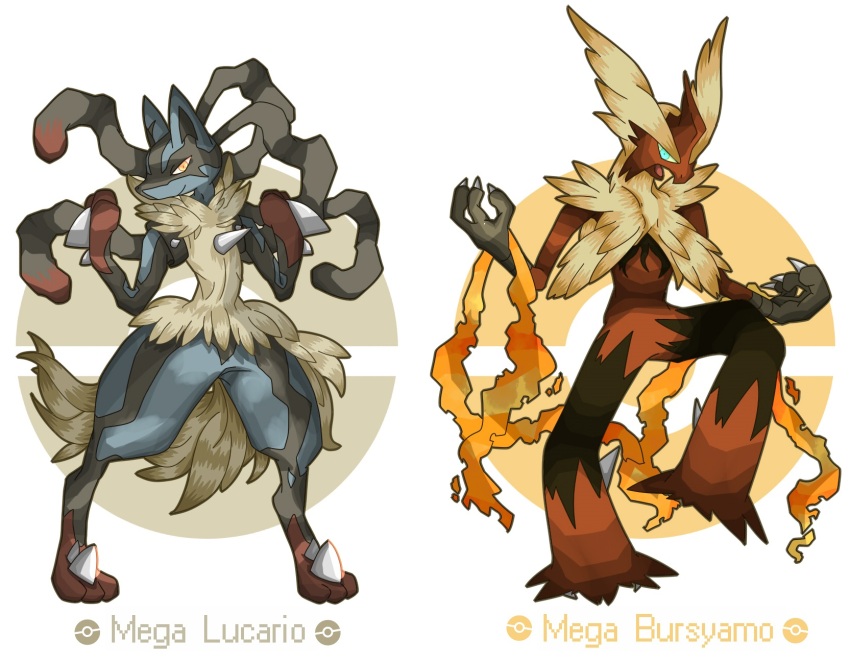 black_hair blaziken claws closed_mouth colored_sclera fire gen_3_pokemon gen_4_pokemon green_eyes highres kanna_(kan419_k) lucario mega_blaziken mega_lucario mega_pokemon multicolored_hair nintendo pokemon pokemon_(creature) red_eyes red_hair smile spikes two-tone_hair yellow_sclera