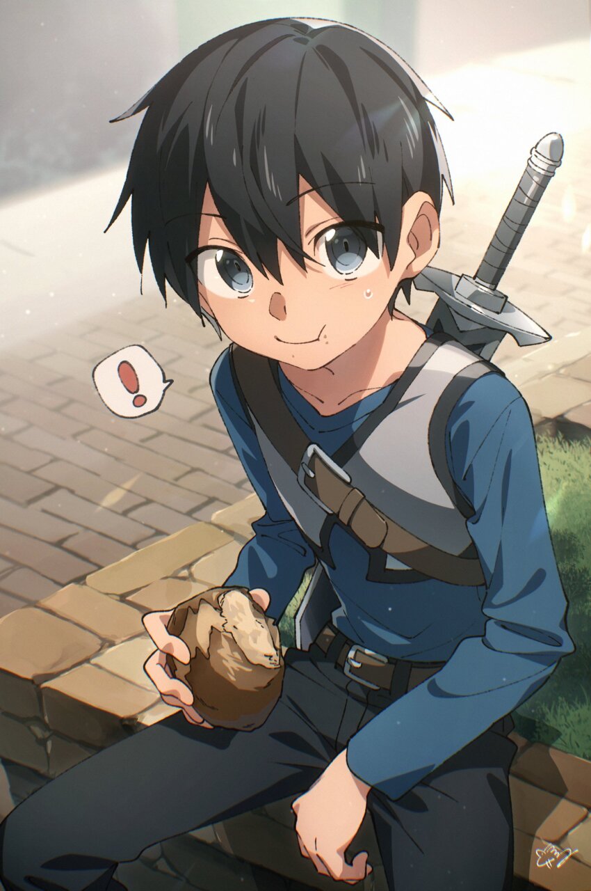 ! 1boy :t bad_id bad_twitter_id belt black_hair black_pants blue_eyes blue_shirt bread brick_road brown_belt buckle chest_strap eating food highres holding holding_food inactive_account kirito light_particles long_sleeves looking_at_viewer male_focus pants sheath sheathed shirt shirt_tucked_in short_hair smile solo spoken_exclamation_mark sweatdrop sword sword_art_online weapon weapon_on_back wool_bl
