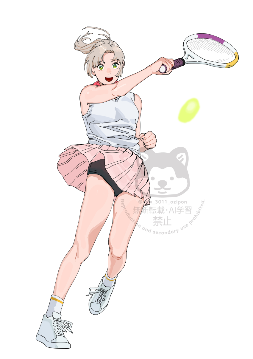 1girl absurdres alternate_costume black_panties collared_shirt full_body green_eyes grey_hair hair_ornament highres hitting holding kantai_collection kinugasa_(kancolle) ojipon open_mouth panties pink_skirt ponytail racket shirt shoes simple_background skirt sleeveless sleeveless_shirt socks solo tennis_racket twitter_username underwear watermark white_background white_shoes white_socks