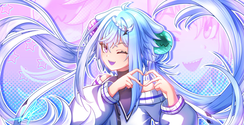 1girl :d absurdres ahoge animatrix aquwa bare_shoulders black_ribbon blue_hair colored_mouth commentary hair_ornament halftone halftone_background heart heart_in_eye highres indie_virtual_youtuber long_hair long_sidelocks long_sleeves looking_at_viewer mole mole_under_eye multicolored_hair neck_ribbon one_eye_closed open_mouth outline puffy_long_sleeves puffy_sleeves purple_eyes ribbon sharp_teeth sidelocks signature smile solo split-color_hair star_(symbol) sweater symbol_in_eye teeth three_quarter_view twintails two-tone_hair upper_body upper_teeth_only very_long_hair virtual_youtuber white_hair white_outline white_sweater zoom_layer