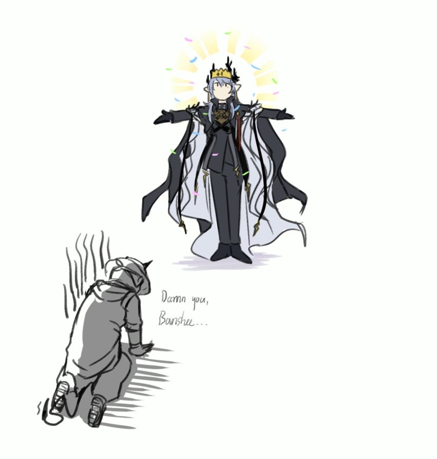 2boys arknights chair demon_horns demon_tail glasses highres horns immapurpledrago logos_(arknights) multiple_boys office_chair scout_(arknights) swivel_chair tail white_background