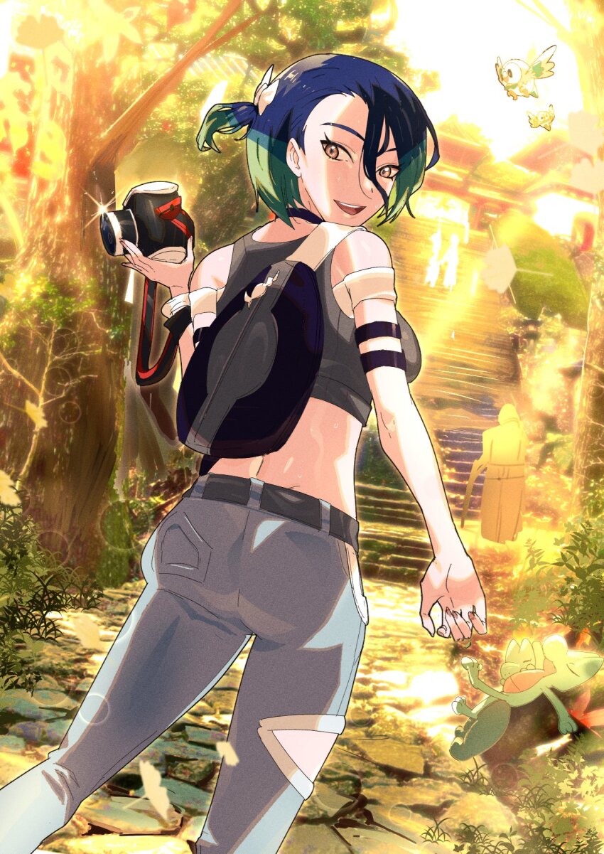1girl armband ass bare_shoulders black_armband black_choker blue_hair bob_cut breasts brown_eyes camera choker crop_top denim gen_3_pokemon gen_7_pokemon gradient_hair grey_shirt highres holding holding_camera jeans loose_hair_strand medium_breasts midriff multicolored_hair nintendo off-shoulder_shirt off_shoulder pants perrin_(pokemon) pokemon pokemon_sv ribbed_shirt rowlet ryairyai shirt short_hair sleeveless sleeveless_shirt treecko undershirt watch wristwatch