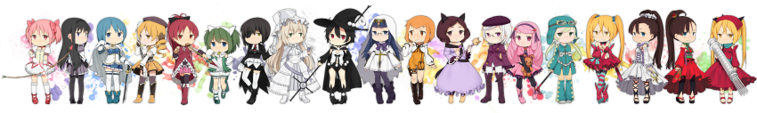 10s 6+girls absurdres ahoge akemi_homura akemi_homura_(magical_girl) animal_ears animal_hands annotated anri_airi arrow_(projectile) asami_saki asuka_yuuri beret black_hair blonde_hair bloomers blue_eyes blue_hair blunt_bangs bodysuit boots bow bow_(weapon) breasts brown_eyes brown_hair cat_ears cat_girl chibi chitose_yuma cross-laced_footwear crossover crowbar dress drill_hair eating everyone eyepatch female_focus food frills glasses gloves goggles goggles_on_head green_eyes green_hair grin gun habit hair_bobbles hair_bow hair_ornament hair_ribbon hairband hat heart highres holding holding_crowbar holster kaname_madoka kaname_madoka_(magical_girl) kanna_nico kazumi_(madoka_magica) knee_boots kneehighs kure_kirika long_hair long_image magical_girl magical_musket mahou_shoujo_kazumi_magica mahou_shoujo_madoka_magica mahou_shoujo_oriko_magica maki_kaoru miki_sayaka miki_sayaka_(magical_girl) mikuni_oriko misaki_umika mole mouth_hold multiple_girls navel nun orange_hair pantyhose pink_eyes pink_hair pleated_skirt polearm ponytail purple_eyes red_eyes red_hair ribbon riding_crop sakura_kyoko sakura_kyoko_(magical_girl) sakurami_kyouko sandals short_hair short_twintails simple_background skirt smile socks souju_ayase souju_luca soul_gem spear spoilers staff striped_legwear stuffed_animal stuffed_toy sword syringe taiyaki teddy_bear thigh_boots thigh_holster thighhighs tomoe_mami tomoe_mami_(magical_girl) tsuduya_(knt31) twin_drills twintails underwear usagi_satomi wagashi wakaba_mirai wand weapon white_background white_hair wide_image witch_hat yellow_eyes yuuri_(madoka_magica) zettai_ryouiki