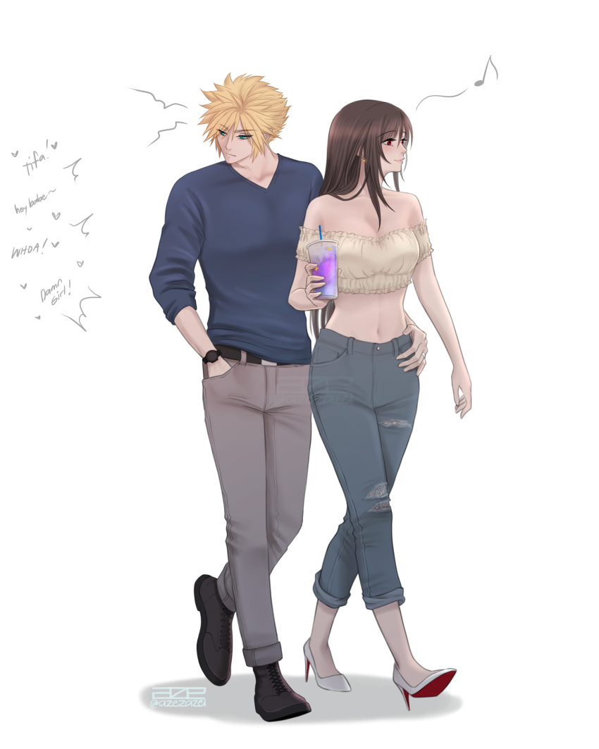 1boy 1girl absurdres azezazel bare_shoulders belt black_hair blonde_hair blue_eyes breasts brown_hair casual cloud_strife couple crop_top cup denim drink earrings english_text final_fantasy final_fantasy_vii final_fantasy_vii_remake full_body grey_pants hand_in_pocket high_heels highres holding holding_cup jeans jewelry long_hair medium_breasts midriff musical_note navel pants red_eyes spiked_hair square_enix text_focus tifa_lockhart torn_clothes walking white_background