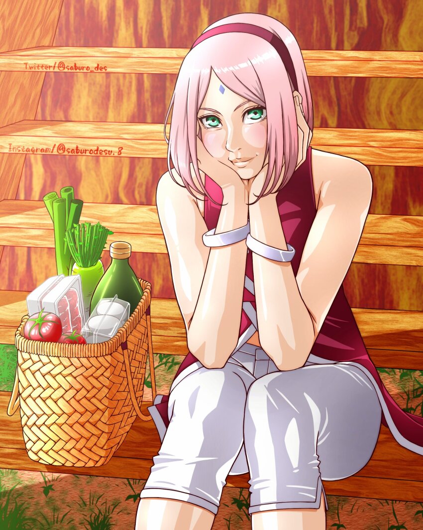 1girl bare_shoulders basket blush boruto:_naruto_next_generations bracelet egg elbow_on_knee facial_mark feet_out_of_frame food forehead_mark glass_bottle grass green_eyes haruno_sakura highres instagram_username jewelry knees_together_feet_apart looking_at_viewer naruto_(series) navel pants parted_bangs pink_hair resting_head_on_hand saburo_des short_hair sitting sitting_on_stairs smile stairs tomato twitter_username vegetable white_pants