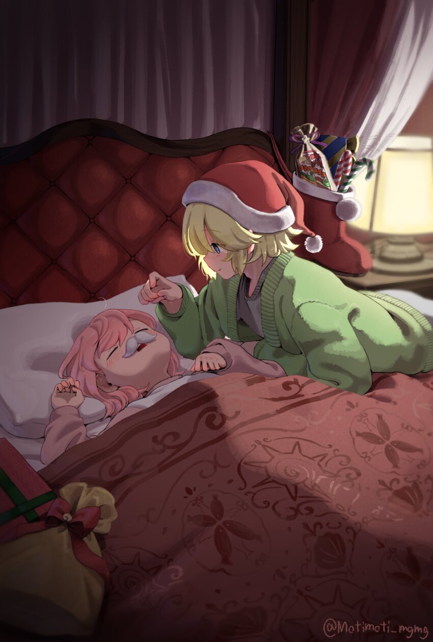 2boys absurdres arm_rest artist_name bag bed bed_sheet blanket blonde_hair blue_eyes box candy candy_cane canopy_bed cardigan christmas christmas_stocking closed_eyes closed_mouth commentary curtains elbow_rest fake_facial_hair fake_mustache food fur-trimmed_headwear fur_trim gift gift_box green_cardigan grey_shirt hat highres indoors lamp lampshade lying male_focus motimoti_mgmg multiple_boys nightstand ocean_prince on_back on_bed on_stomach open_cardigan open_clothes open_mouth otomo_(puyopuyo) pajamas pillow pink_hair pink_pajamas pom_pom_(clothes) puyopuyo puyopuyo_fever_2 red_hat red_ribbon ribbon salde_canarl_shellbrick_iii santa_hat shirt short_hair sleeping smile twitter_username under_covers