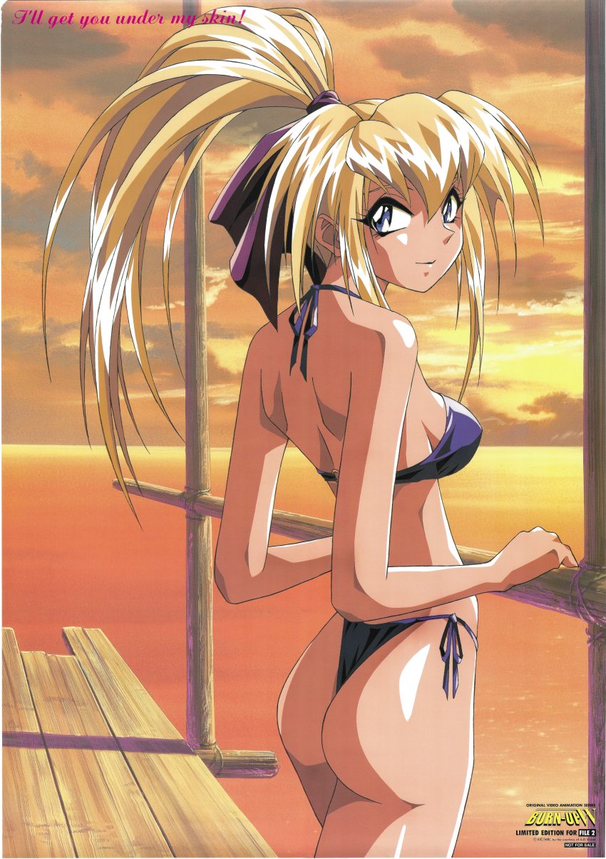 1990s_(style) 1girl absurdres ass bikini blonde_hair blue_bikini blue_eyes breasts burn-up_w copyright_name cowboy_shot dusk english_text evening female_focus halterneck high_ponytail highres kinezono_rio light_smile logo long_hair looking_at_viewer medium_breasts not_for_sale ocean official_art ponytail retro_artstyle scan side-tie_bikini_bottom solo standing sunset swimsuit yamashita_toshinari