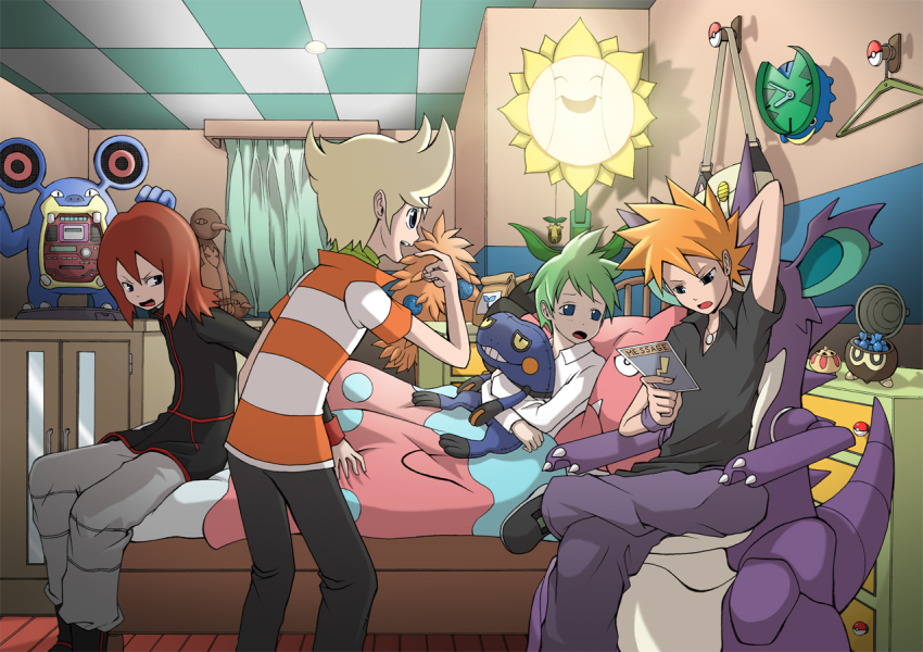 00s 1990s_(style) 4boys ahoge annotated barry_(pokemon) bed blonde_hair blue_eyes blue_oak blue_oak_(pokemon_frlg) blush boots brown_hair chair croagunk curtains gen_1_pokemon gen_2_pokemon gen_3_pokemon gen_4_pokemon green_hair happy hugging_object jacket jewelry lotad loudred lying magyo male_focus meowth multiple_boys natu necklace nidoking nintendo objectification open_mouth pillow pillow_hug pointing poke_ball_theme pokemon pokemon_(creature) pokemon_dppt pokemon_frlg pokemon_gsc pokemon_rse popped_collar red_hair retro_artstyle scarf seedot short_sleeves silver_(pokemon) sitting sleepy smile snubbull striped stuffed_animal stuffed_toy sunflora sunkern themed_object wally_(pokemon) xatu