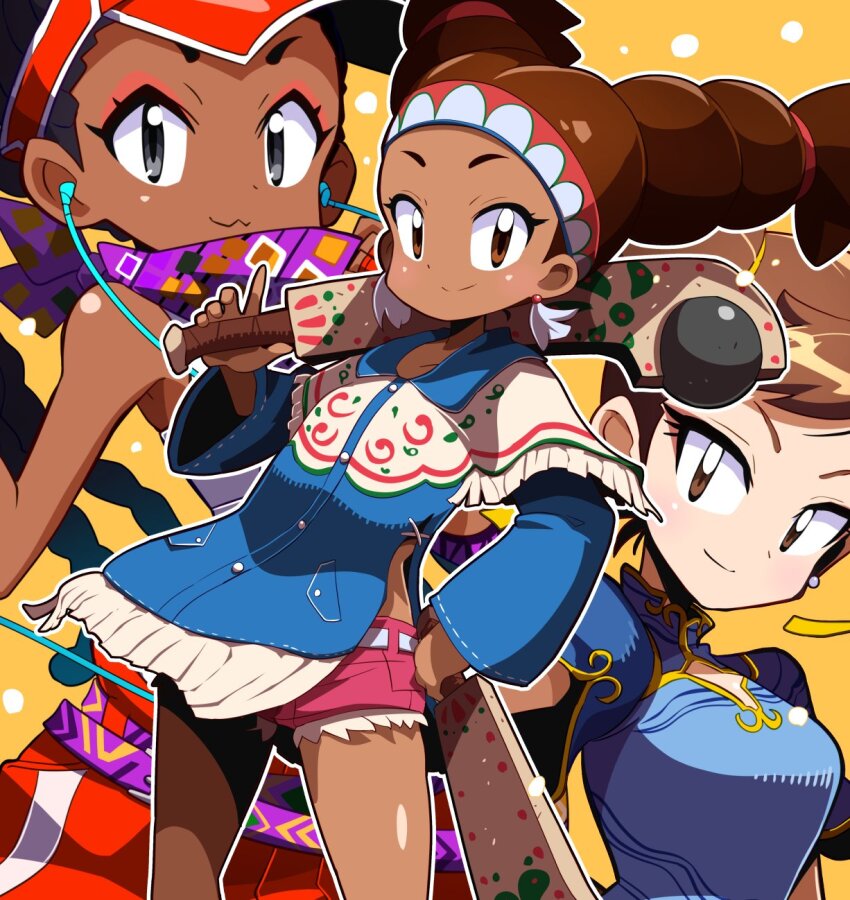 aged_down bandana black_hair blush breasts brown_eyes brown_hair capcom child china_dress chinese_clothes chun-li club_(weapon) colored_tips dark-skinned_female dark_skin dreadlocks dress earphones earrings eyeshadow fringe_trim grey_eyes headband highres holding holding_club holding_weapon jewelry kimberly_jackson lily_hawk looking_at_viewer makeup mexican_clothes multicolored_hair multiple_girls native_american native_american_clothes pink_eyeshadow pink_shorts pogamoggan poncho purple_bandana purple_scarf quad_braids red_eyeshadow sakurajyousui_nami scarf short_eyebrows short_shorts shorts smile street_fighter street_fighter_6 weapon