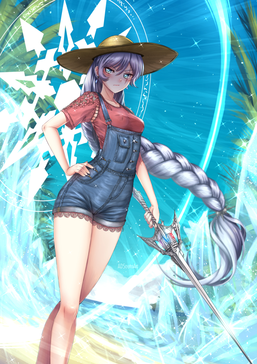 1girl adsouto alternate_costume beach blue_overalls blue_sky braid braided_ponytail breasts closed_mouth cloud crossed_legs day denim denim_overalls earrings floating_hair glyph grey_hair hand_on_own_hip hat highres holding holding_sword holding_weapon ice jewelry long_hair looking_at_viewer medium_breasts myrtenaster outdoors overalls red_shirt rwby scar scar_across_eye scar_on_face shirt sky solo sun_hat sword thighs v-shaped_eyebrows very_long_hair watson_cross weapon weiss_schnee
