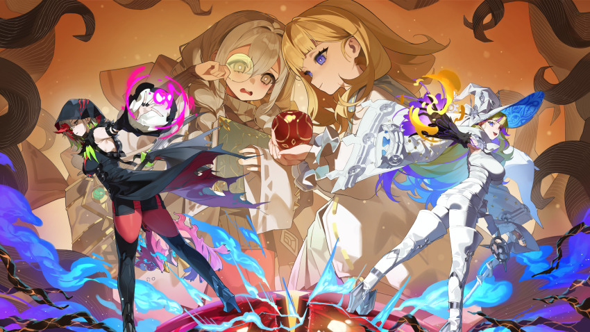 4girls apple ass astellar_of_the_white_forest blonde_hair blue_eyes bodysuit book braid breasts cleavage coat detached_sleeves diabellstar_the_black_witch diabellze_the_original_sinkeeper dress duel_monster elzette_of_the_white_forest eye_of_horus food fruit gloves green_eyes green_hair grey_eyes grey_hair half_mask hat highres hood hood_up large_breasts long_hair looking_at_viewer mask medium_hair monocle multicolored_hair multiple_girls nail_polish pale_skin pantyhose purple_hair red_cucumber red_mask red_pantyhose single_detached_sleeve single_sleeve smile streaked_hair twin_braids white_bodysuit white_dress white_hat witch witch_hat yu-gi-oh!