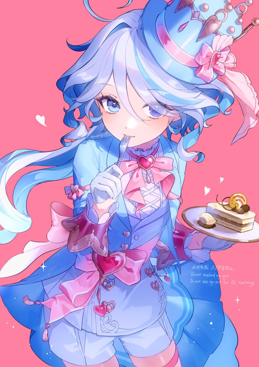 1girl absurdres ahoge back_bow blue_eyes blue_hair blue_jacket bow brooch cake cowboy_shot eyes_visible_through_hair food fork frilled_shirt_collar frills furina_(genshin_impact) gem genshin_impact gloves hair_between_eyes half_gloves hat heart heart_brooch heterochromia highres holding holding_cake holding_food holding_fork jacket jewelry light_blush light_smile long_hair long_sleeves looking_at_viewer mini_hat mini_top_hat multicolored_hair neck_ribbon ouji_fashion pink_background pink_bow pink_ribbon pudding_15 red_gemstone ribbon shirt shorts simple_background solo sparkle thigh_strap top_hat twitter_username two-tone_hair utensil_in_mouth vest waist_bow white_gloves white_hair white_shirt white_shorts white_vest