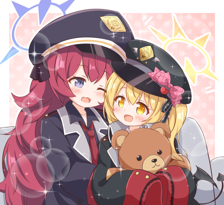 2girls :d ;d araki495 black_bow black_hat black_jacket black_shirt black_wings blonde_hair blue_archive blush bow collarbone collared_shirt commentary_request couch demon_girl demon_tail demon_wings grey_eyes hair_bow halo hat highres hugging_object ibuki_(blue_archive) iroha_(blue_archive) jacket long_hair long_sleeves multiple_girls necktie on_couch one_eye_closed open_clothes open_jacket open_mouth peaked_cap pointy_ears red_hair red_necktie shirt sleeves_past_fingers sleeves_past_wrists smile tail twintails very_long_hair wings yellow_eyes