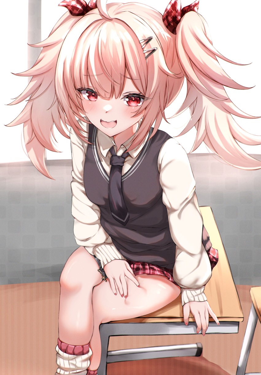 1girl :d absurdres alternate_costume azur_lane black_necktie black_vest blonde_hair blush cardigan classroom collared_shirt commentary crossed_legs day desk hair_ornament hair_ribbon hairclip hand_on_own_thigh hero_(azur_lane) hero_(the_devil_wears_knee-highs)_(azur_lane) highres indoors kneehighs kneehighs_pull long_hair long_sleeves looking_at_viewer mesugaki miniskirt nail_polish necktie official_alternate_costume on_chair open_mouth plaid_clothes plaid_ribbon plaid_skirt red_eyes red_nails red_ribbon red_skirt ribbon school_desk school_uniform shirt sitting skirt smile socks solo thigh_grab thighs twintails umidemi vest white_cardigan white_shirt