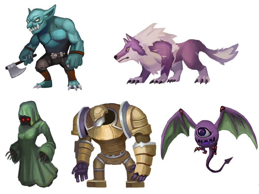 1girl 2boys ame_sagari armor axe bald barefoot belt belt_buckle black_belt black_pants breasts brown_bracelet buckle clawed_feet claws commentary_request covered_face creature full_armor glowing glowing_eyes goblin green_hood green_robe green_sleeves highres holding holding_axe hood hood_up hooded_robe long_sleeves medium_breasts multiple_boys original pants pointy_ears red_eyes robe sharp_teeth simple_background solid_eyes teeth topless_male white_background white_eyes wolf