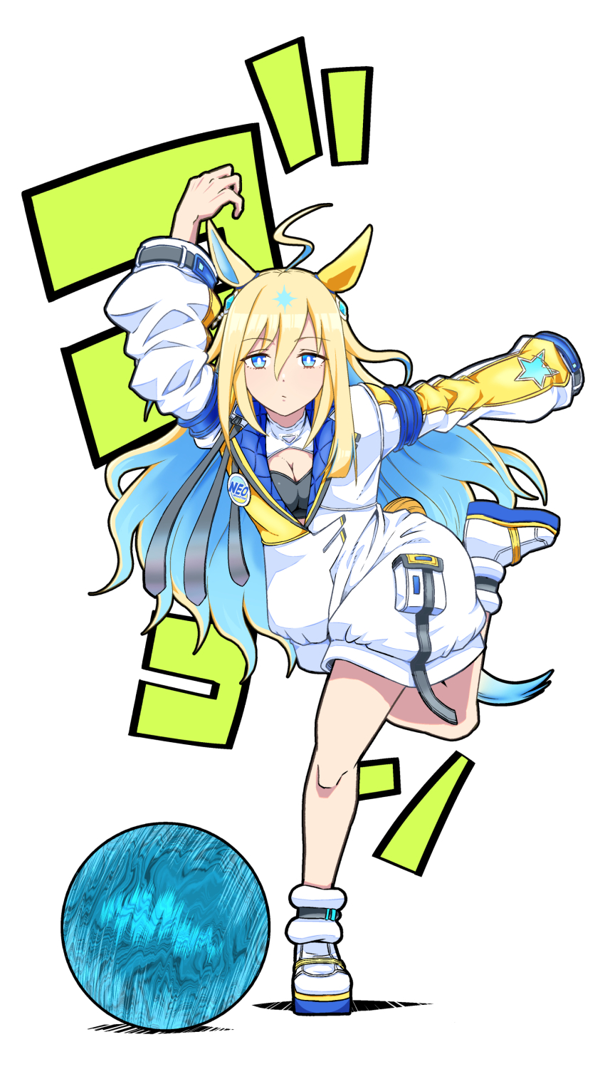 1girl absurdres ahoge animal_ears ball bandeau birii black_bandeau blonde_hair blue_eyes bowling bowling_ball breasts cleavage colored_inner_hair full_body hair_between_eyes highres horse_ears horse_girl horse_tail leg_up long_hair long_sleeves looking_at_viewer medium_breasts multicolored_hair neo_universe_(umamusume) quilted_clothes simple_background sleeves_past_fingers sleeves_past_wrists solo standing standing_on_one_leg tail two-tone_hair umamusume white_background