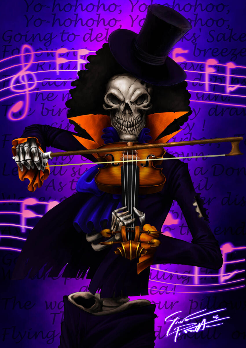 1boy absurdres afro ascot black_hair blue_ascot bow_(music) brook_(one_piece) commentary english_commentary frilled_sleeves frills giopunk hat highres holding holding_bow_(music) holding_instrument holding_violin instrument long_sleeves male_focus music musical_note one_piece playing_instrument signature skeleton solo top_hat violin