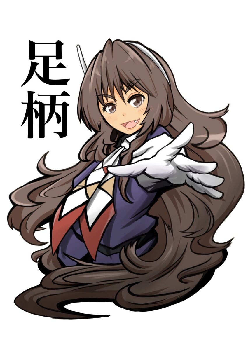 1girl ashigara_(kancolle) ashigara_kai_ni_(kancolle) brown_eyes brown_hair character_doll cropped_torso daigorou_(42036928) doll fang foreshortening gloves hairband highres jacket kantai_collection long_hair military_uniform multicolored_neckerchief neckerchief pantyhose print_neckerchief purple_jacket simple_background smile solo upper_body wavy_hair white_background white_gloves white_hairband