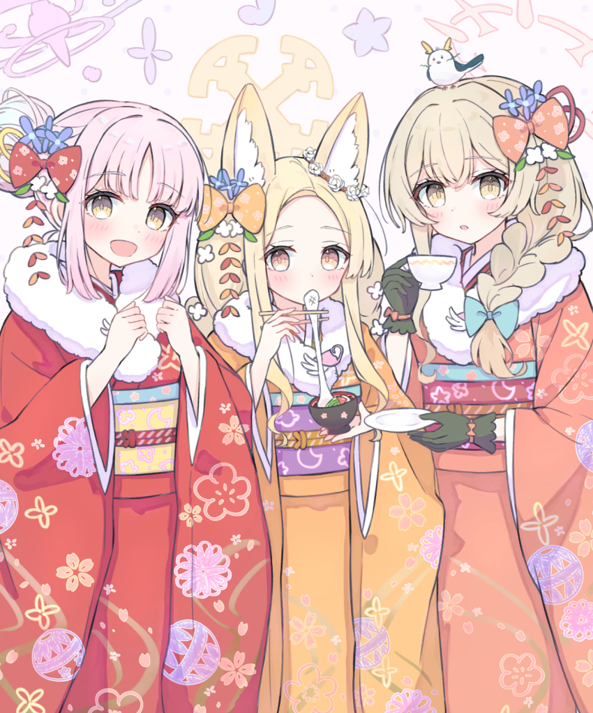 3girls animal_ear_fluff animal_ears black_gloves blonde_hair blue_archive blush braid commentary english_commentary food fox_ears fur-trimmed_kimono fur_trim gloves halo highres japanese_clothes kimono light_brown_hair long_hair long_sleeves mika_(blue_archive) mochi multiple_girls nagisa_(blue_archive) obi open_mouth orange_kimono parted_lips pink_hair pink_halo red_kimono sash sateto_(user_knrf2332) seia_(blue_archive) simple_background single_braid smile tea_party_(blue_archive) white_background wide_sleeves yellow_eyes yellow_halo yellow_kimono