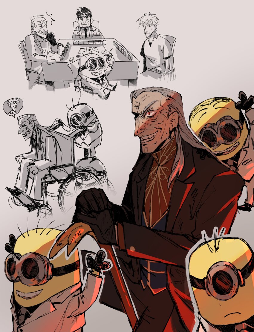 5boys absurdres aji_(aegiscore) akagi:_yami_ni_oritatta_tensai akagi_shigeru black_jacket blazer cane closed_mouth collared_shirt colored_skin commentary cowboy_shot crossover despicable_me english_commentary fukumoto_mahjong glint goggles grey_background grey_hair grey_vest grin hair_slicked_back highres holding holding_cane jacket long_hair looking_at_another mahjong mahjong_table mahjong_tile mandarin_collar minion_(despicable_me) multiple_boys old old_man red_eyes red_shirt shirt short_hair simple_background smile table vest washizu_iwao wheelchair yasuoka yellow_skin