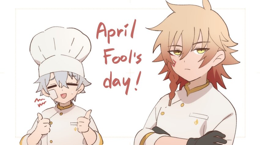 2boys april_fools black_gloves blonde_hair braid chef chef_hat closed_eyes closed_mouth coat crossed_arms double_thumbs_up gauze gauze_on_cheek gloves gradient_hair hair_between_eyes hat hirune41960 honkai:_star_rail honkai_(series) looking_at_viewer male_focus medium_hair multicolored_hair multiple_boys mydei_(chrysos_chef)_(honkai:_star_rail) mydei_(honkai:_star_rail) open_mouth phainon_(chrysos_chef)_(honkai:_star_rail) phainon_(honkai:_star_rail) red_hair short_hair side_braid simple_background sweatdrop thumbs_up upper_body white_background white_coat white_hair white_hat yellow_eyes