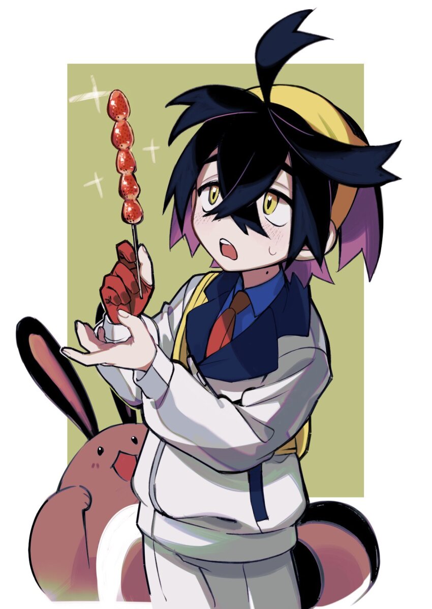 1boy black_hair blue_shirt blush collared_shirt food furret gen_2_pokemon gloves hairband highres holding holding_food ieiieiiei jacket kieran_(pokemon) long_sleeves male_focus mole mole_on_neck multicolored_hair necktie nintendo open_mouth partially_fingerless_gloves pokemon pokemon_(creature) pokemon_sv purple_hair red_gloves shirt simple_background single_glove sparkle sweat two-tone_background white_jacket yellow_eyes yellow_hairband