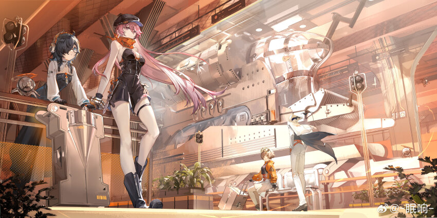 1other 3girls :o absurdres bare_arms black_boots black_dress black_gloves black_hair black_hat black_jumpsuit blue_eyes boots brown_hair cabbie_hat coat coat_on_shoulders dress glasses gloves group_leader_(xinyue_tongxing) hair_over_one_eye hand_on_own_hip hand_on_railing hat highres indoors jacket jumpsuit long_dress long_hair looking_up mianxiang mingshuang_(xinyue_tongxing) multiple_girls one_eye_covered orange_jacket pants pink_hair plant qianqiu_(xinyue_tongxing) scenery short_hair short_jumpsuit sitting skirt standing strapless_jumpsuit suitcase train train_station very_long_hair watermark weibo_watermark white_coat white_hat white_pants white_skirt white_sleeves xingliang_(xinyue_tongxing) xinyue_tongxing