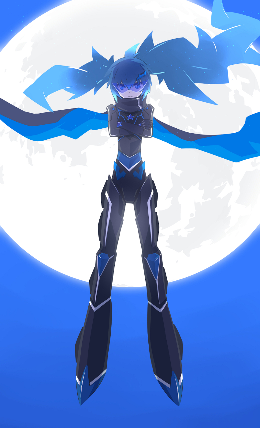 1girl 32zzz alternate_costume black_bodysuit black_cape black_rock_shooter black_rock_shooter_(character) blue_cape blue_eyes blue_hair bodysuit cape commentary_request crossed_arms floating full_moon highres long_hair moon night night_sky sky solo star_(symbol) star_print top_wo_nerae!_(series) top_wo_nerae_2! twintails two-sided_cape two-sided_fabric uneven_twintails