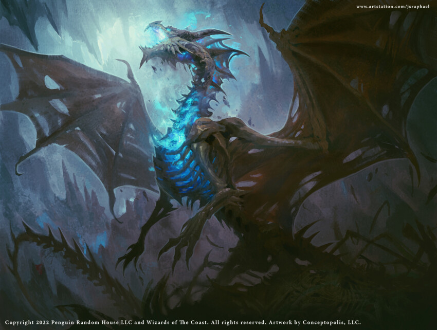 animal_focus blue_eyes bone claws commentary company_name copyright_notice dragon dragotha english_commentary glowing glowing_eye glowing_mouth highres horns joshua_raphael lich monster no_humans official_art open_mouth ribs skeleton solo stalactite stalagmite tail torn_wings undead watermark web_address western_dragon wings