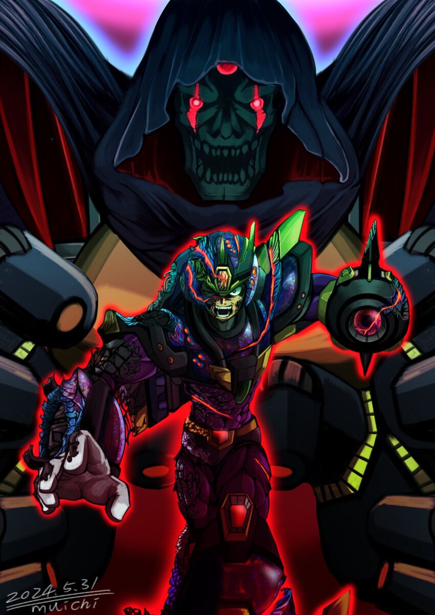 agetatekoron2 arm_cannon armor artist_name battle_damage black_cloak blue_armor blue_helmet cloak dated forehead_jewel helmet highres hood hood_up injury mechabare mega_man_(series) mega_man_x4 mega_man_x_(series) one_eye_closed open_mouth shoulder_armor sigma_(mega_man) teeth ultimate_armor_x_(mega_man) weapon x_(mega_man)