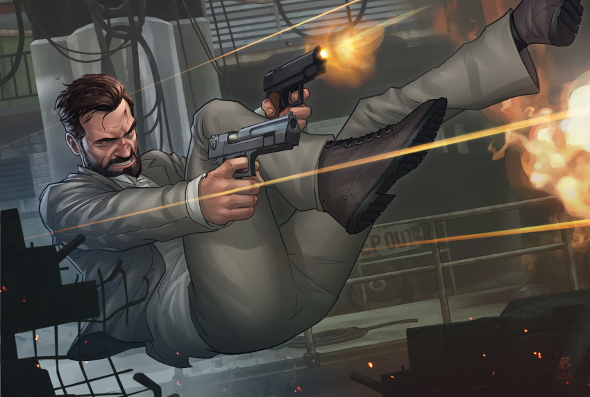 1boy absurdres aiming ammunition artist_name asymmetrical_dual_wielding beard black_facial_hair black_footwear black_hair brick_wall brown_hair browning_hi-power_mark_iii cable caution_tape clenched_teeth desert_eagle dodging dress_shirt dual_wielding english_text facial_hair fighting firing grey_jacket grey_pants grey_theme gun handgun highres holding holding_gun holding_weapon indoors industrial jacket jumping keep_out m1911 male_focus max_payne_(character) max_payne_(series) max_payne_3 midair mustache muzzle_flash open_mouth pants patrick_brown projectile_trail railing realistic shell_casing shirt shoes short_hair sign sparks suit_jacket teeth unbuttoned_jacket watermark weapon white_shirt wire wrinkled_skin