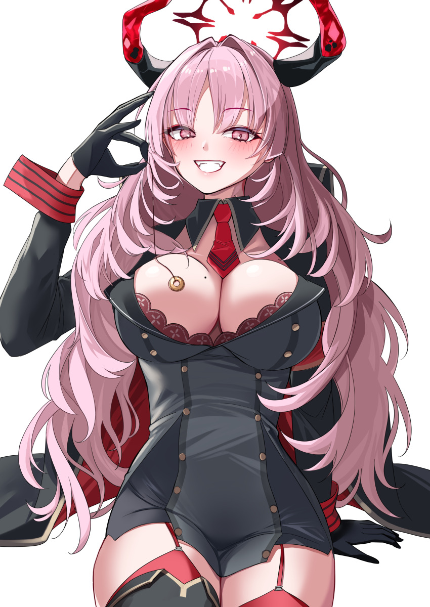 1girl absurdres armband belt black_boots black_coat black_gloves black_skirt blue_archive blush boots bra bra_peek breasts brown_eyes buttons cleavage coat coin coin_on_string detached_collar double-breasted dress garter_straps gloves grey_dress grin halo highres holding holding_pendulum holed_coin horns large_breasts long_hair long_sleeves looking_at_viewer miniskirt mole mole_on_breast necktie nigori_(keydoor) open_clothes open_coat parted_bangs pelvic_curtain pencil_skirt pendulum pink_hair red_bra red_thighhighs satsuki_(blue_archive) short_dress skirt smile solo thigh_boots thighhighs thighhighs_under_boots thighs underwear wavy_hair
