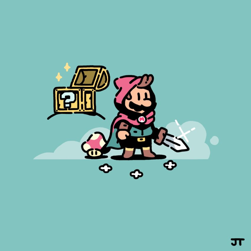 1boy ? alternate_costume black_pants boots brown_boots brown_hair cape chibi chibi_only commentary english_commentary facial_hair full_body glint green_background highres holding holding_sword holding_weapon hood hood_up james_turner left-handed male_focus mario mario_(series) mushroom mustache nintendo no_headwear pants red_cape red_hood short_hair signature simple_background simple_flower solo sparkle standing super_mushroom sword treasure_chest weapon