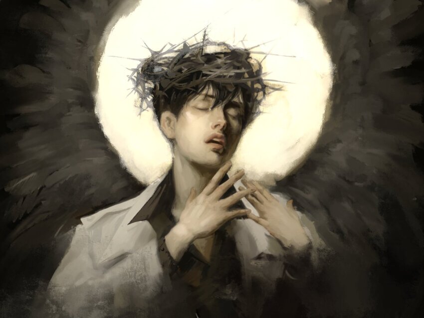 1boy black_hair black_shirt black_wings closed_eyes coat collared_shirt crown_of_thorns feathered_wings hair_between_eyes hands_up kim_dokja macaronijail omniscient_reader&#039;s_viewpoint open_mouth painterly popped_collar shirt short_hair solo spread_fingers sun_behind_head teeth upper_body upper_teeth_only white_coat wings