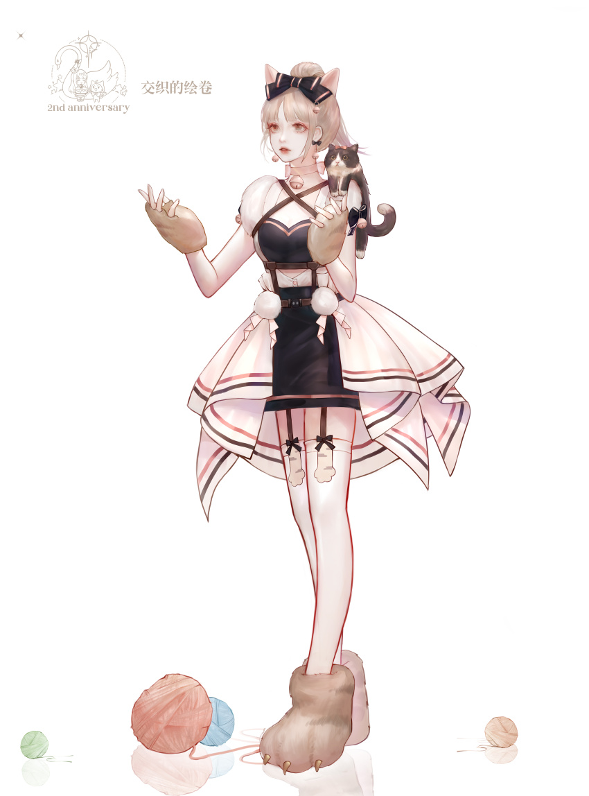 absurdres animal animal_ears animal_hands animal_on_shoulder artist_name baby_animal bell black_bow black_dress blonde_hair blunt_bangs boots bow bow_choker bow_earrings bow_legwear brown_boots brown_eyes brown_gloves cat cat_ears cat_on_shoulder character_request choker dress earrings eyelashes eyeshadow fake_claws gloves high_ponytail highres jewelry jiaopiupiu kitten long_hair looking_ahead makeup miniskirt neck_bell nikki_(series) outstretched_hand parted_bangs paw_gloves paw_shoes pink_bow pink_choker pleated_skirt ponytail red_eyeshadow reflective_floor ribbed_thighhighs shining_nikki short_dress showgirl_skirt simple_background skirt standing suspenders thighhighs watermark white_background white_skirt white_thighhighs yarn yarn_ball