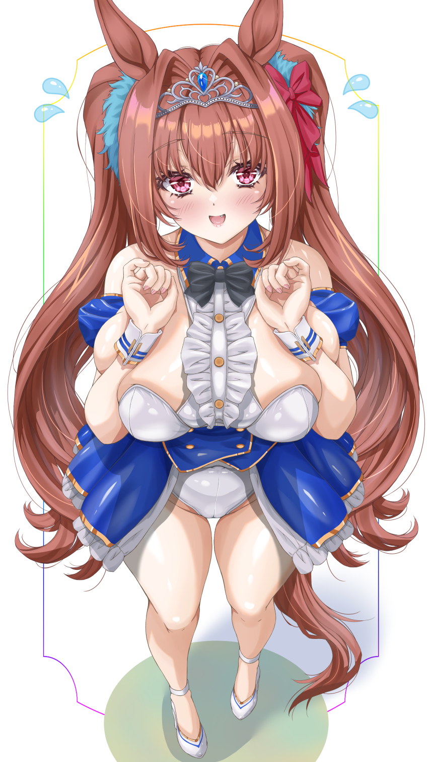 1girl absurdres adapted_costume akiha_(akiha_ttt) alternate_breast_size_(larger) animal_ears bare_legs bare_shoulders black_bow black_bowtie blush bow bowtie breasts breasts_squeezed_together brown_hair buttons center_frills collared_leotard covered_navel crotch_seam daiwa_scarlet_(peak_blue)_(umamusume) daiwa_scarlet_(umamusume) detached_sleeves fang fingernails fisheye flying_sweatdrops frilled_leotard frills full_body groin hair_between_eyes hair_bow hair_intakes hands_up highres horse_ears horse_girl horse_tail huge_breasts leotard long_hair looking_at_viewer nail_polish open_mouth pink_eyes pink_nails pinky_out red_bow shoes skindentation smile solo standing straight-on tail thigh_gap tiara twintails umamusume very_long_hair wing_collar