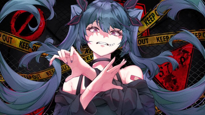 1girl bandaid bandaid_on_arm bare_shoulders black_bow black_collar black_shirt blue_hair blunt_ends bow caution_tape chain-link_fence clenched_teeth collar commentary curly_hair disgust english_commentary eyelashes facial_tattoo fence hair_between_eyes hair_bow hands_up hatsune_miku issues_(vocaloid) keep_out kobacha_(ochakoba) long_hair long_sleeves looking_at_viewer looking_down mesh no_entry_sign off-shoulder_shirt off_shoulder purple_eyes purple_nails road_sign shirt sign solo stop_sign tattoo teeth twintails video_thumbnail vocaloid x