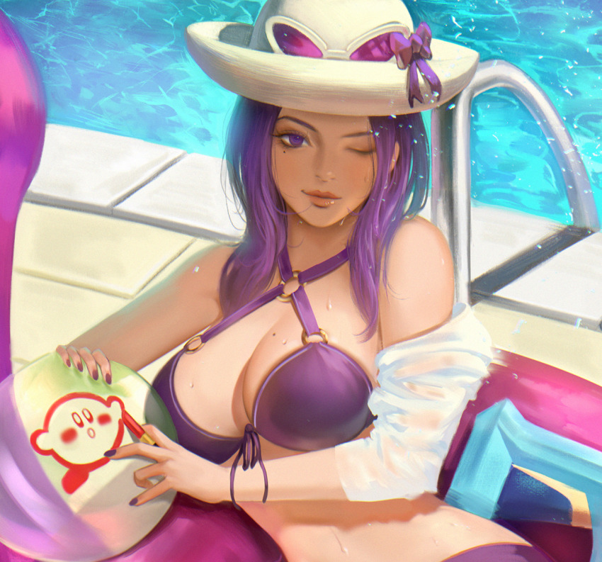 1girl ball bare_shoulders beachball bikini bow breasts caitlyn_(league_of_legends) cleavage day eyewear_on_head female_focus hat innertube kirby kirby_(series) league_of_legends lips medium_breasts mole mole_on_breast mole_under_eye nail_polish navel nintendo o-ring o-ring_bikini off_shoulder one_eye_closed outdoors pool pool_party_caitlyn purple_bikini purple_bow purple_eyes purple_hair purple_nails solo summer sun_hat sunglasses sunglasses_on_head swim_ring swimsuit thaumazo water water_gun wet