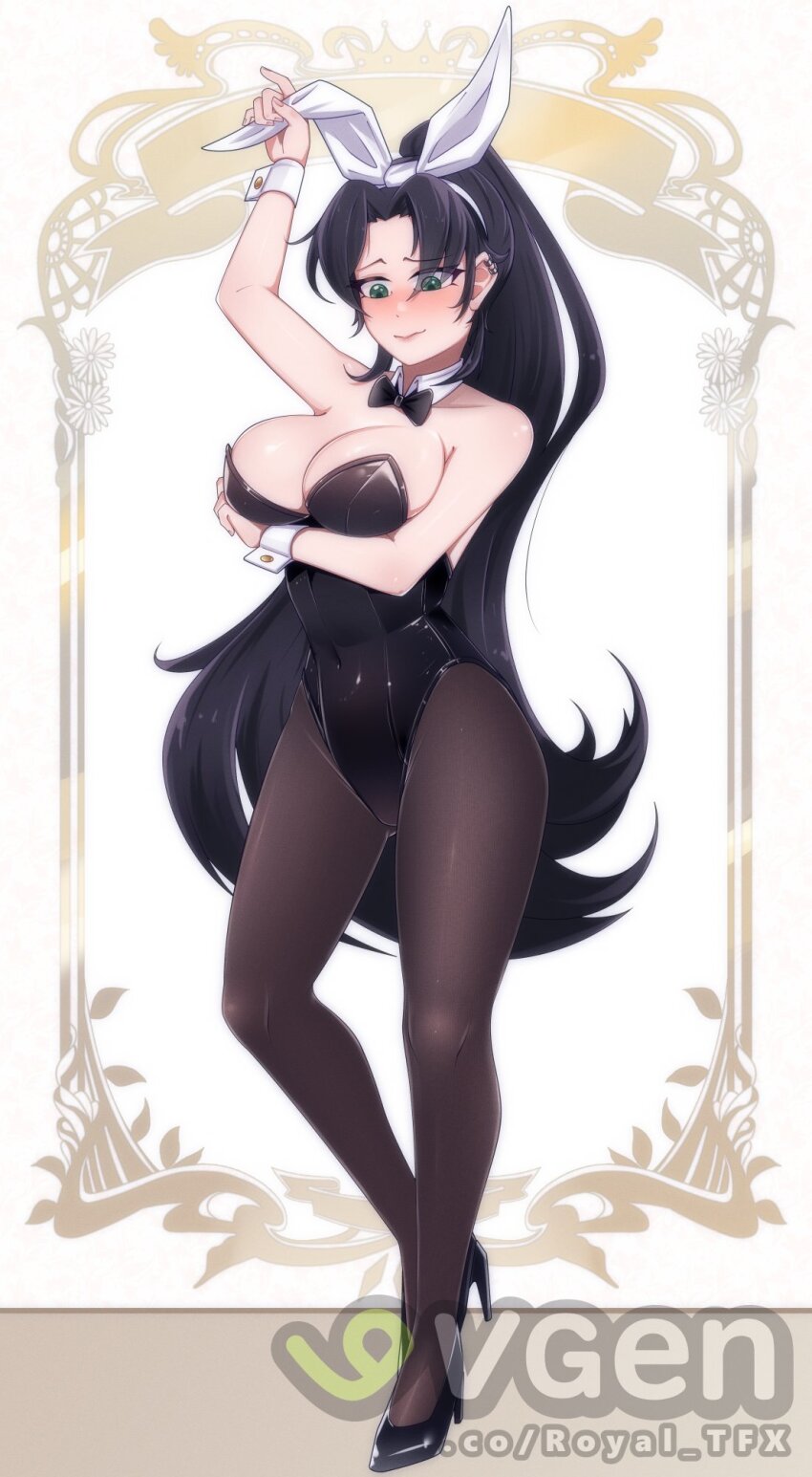 absurdly_long_hair arm_under_breasts artist_name black_hair blush commission dress_shoes ear_piercing green_eyes hair_over_eyes highres jewelry leggings long_hair noshiro_nanami original piercing playboy_bunny ponytail royal_tfx very_long_hair vgen_commission