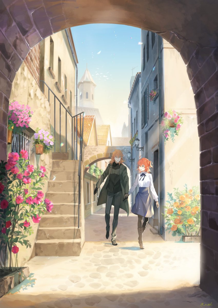 1boy 1girl black_shirt blouse collared_shirt fujimaru_ritsuka_(female) fujimaru_ritsuka_(female)_(anniversary_blonde) highres holding_hands n_oel pantyhose romani_archaman shirt tagme white_shirt