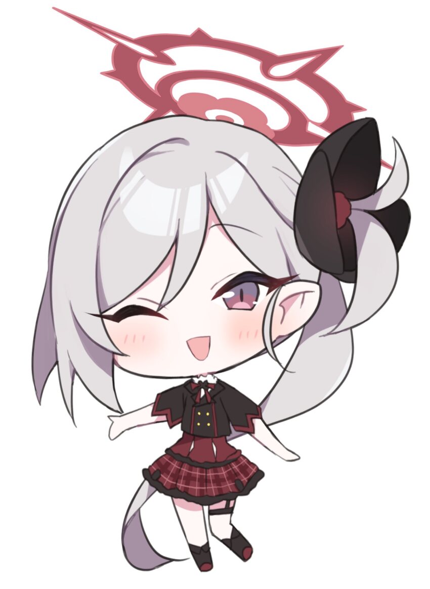 1girl black_boots black_scrunchie black_shirt blue_archive blush boots chibi frilled_skirt frills full_body grey_hair hair_between_eyes halo highres long_hair looking_at_viewer murase48 mutsuki_(blue_archive) one_eye_closed open_mouth outstretched_arms plaid_clothes plaid_skirt purple_eyes red_halo red_ribbon red_skirt ribbon scrunchie shirt side_ponytail simple_background skirt smile solo spread_arms thigh_strap very_long_hair white_background