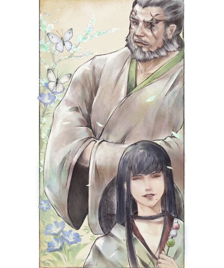 1boy 1girl ^_^ absurdres arizdigitalart beard black_hair blue_flower bug butterfly closed_eyes dango facial_hair facial_tattoo facing_viewer falling_petals final_fantasy final_fantasy_xiv flower food gosetsu_daito green_kimono grey_eyes grey_hair grey_kimono hat highres holding holding_food hyur insect japanese_clothes kimono long_hair mature_male mole mole_under_mouth petals pillarboxed roegadyn sanshoku_dango short_hair smile tattoo unworn_hat unworn_headwear upper_body wagashi white_butterfly wide_sleeves yotsuyu_goe_brutus