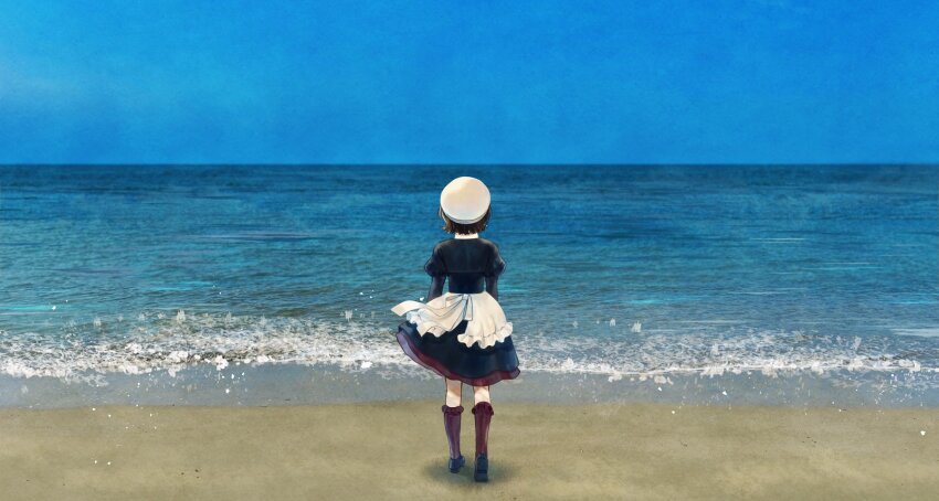 1girl beach beret black_footwear blue_sky brown_hair from_behind full_body hat highres maid ocean outdoors red_socks sand shannon_(umineko) short_hair sky socks solo standing suidousui umineko_no_naku_koro_ni water