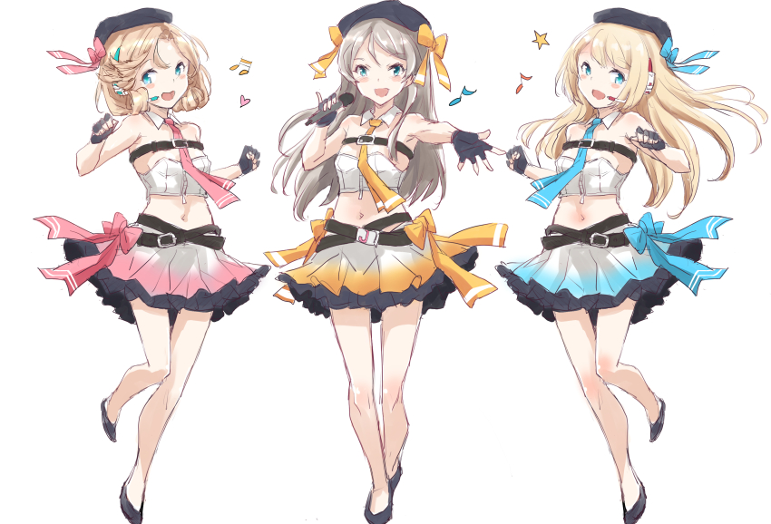3girls absurdres alternate_costume aqua_necktie belt beret black_footwear black_gloves black_hat blonde_hair blue_eyes breasts detached_collar fingerless_gloves frilled_skirt frills fuji_(pixiv24804665) full_body gloves gradient_clothes gradient_skirt grey_hair hair_ornament hat highres holding holding_microphone idol idol_clothes janus_(kancolle) javelin_(kancolle) jervis_(kancolle) kantai_collection long_hair microphone midriff multiple_girls navel necktie orange_necktie pink_necktie short_hair simple_background skirt small_breasts strapless tube_top white_background white_tube_top