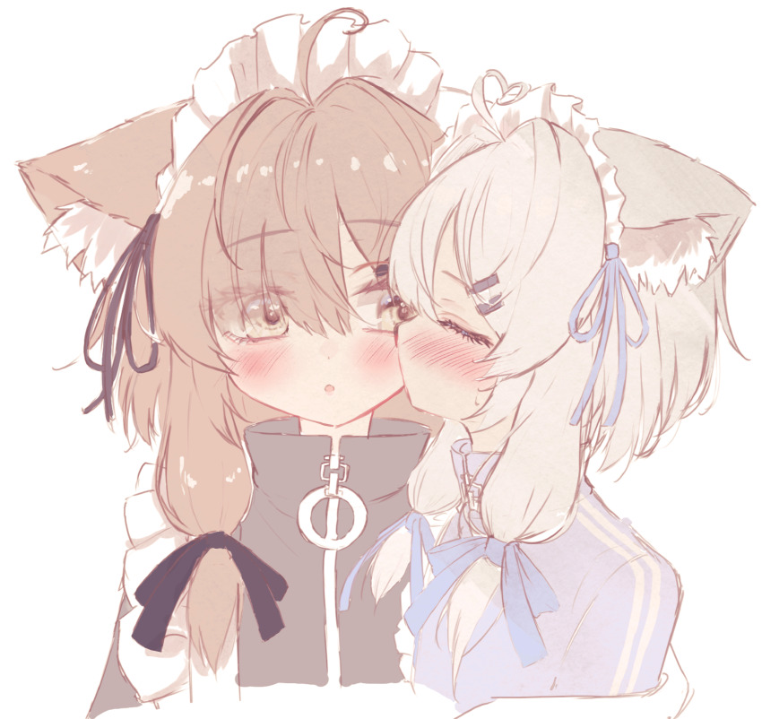 2girls :o ahoge animal_ear_fluff animal_ears apron ashiyu0330 black_jacket black_ribbon blue_jacket blue_ribbon blush borrowed_character brown_eyes brown_hair cat_ears cat_girl closed_eyes cropped_torso eyes_visible_through_hair frilled_apron frills grey_hair hair_between_eyes hair_intakes hair_ornament hair_over_shoulder hair_ribbon hairclip heart heart_ahoge highres jacket kiss kissing_cheek long_hair looking_at_another mafuyu_(vrchat) maid maid_apron maid_headdress multiple_girls parted_lips profile purple_jacket ribbon sidelocks simple_background sweat track_jacket track_suit turtleneck turtleneck_jacket unconventional_maid upper_body vrchat white_apron white_background white_hair yuri zipper_pull_tab