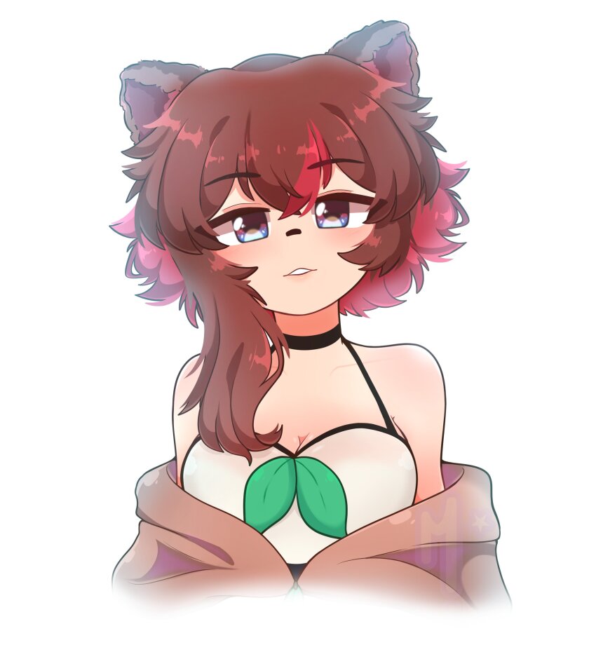 1girl absurdres animal_ears asymmetrical_hair asymmetrical_sidelocks bandaid bandaid_on_face bandaid_on_nose bare_shoulders bloom blue_eyes blush bow breasts brown_hair brown_jacket camisole cleavage colored_tips commentary_request green_bow halter_shirt halterneck head_tilt highres jacket looking_at_viewer maryh medium_breasts medium_hair multicolored_eyes multicolored_hair off_shoulder owozu parted_lips raccoon_ears raccoon_girl rakkun_sutaru rakkun_sutaru_(2nd_costume) red_eyes red_hair streaked_hair two-tone_hair upper_body virtual_youtuber white_camisole