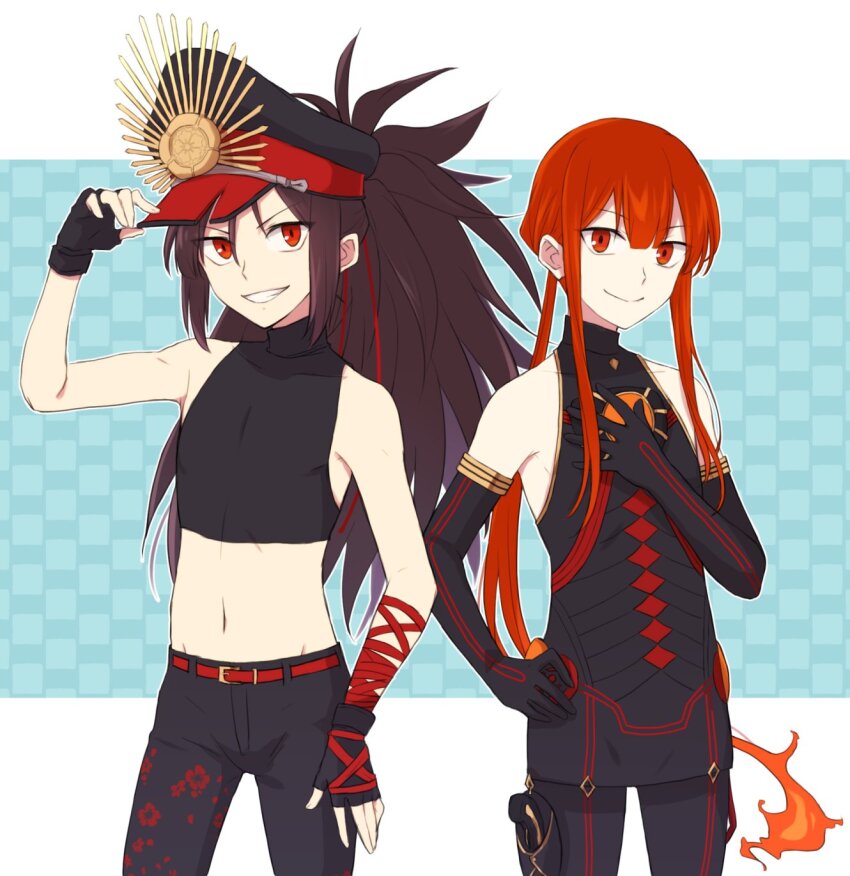 adjusting_clothes adjusting_headwear arm_up armpit_peek belt black_gloves black_hat black_pants black_shirt blue_background brown_hair center-flap_bangs checkered_background closed_mouth collarbone covered_collarbone covered_pectorals cowboy_shot crop_top elbow_gloves fate/grand_order fate_(series) fiery_hair fingerless_gloves floral_print_pants flower gloves grin groin hair_between_eyes hand_on_own_chest hand_on_own_hip hat high_collar highres long_hair looking_at_viewer low_ponytail military_uniform navel oda_kippoushi_(fate) oda_nobukatsu_(fate) oda_nobukatsu_(third_ascension)_(fate) oda_nobunaga_(fate) oda_uri pants peaked_cap pectorals ponytail pouch red_belt red_eyes red_flower red_hair shirt sidelocks sleeveless sleeveless_shirt smile stomach teramoto_kei thigh_pouch torn_clothes torn_hat v-shaped_eyebrows very_long_hair white_background wrist_wrap